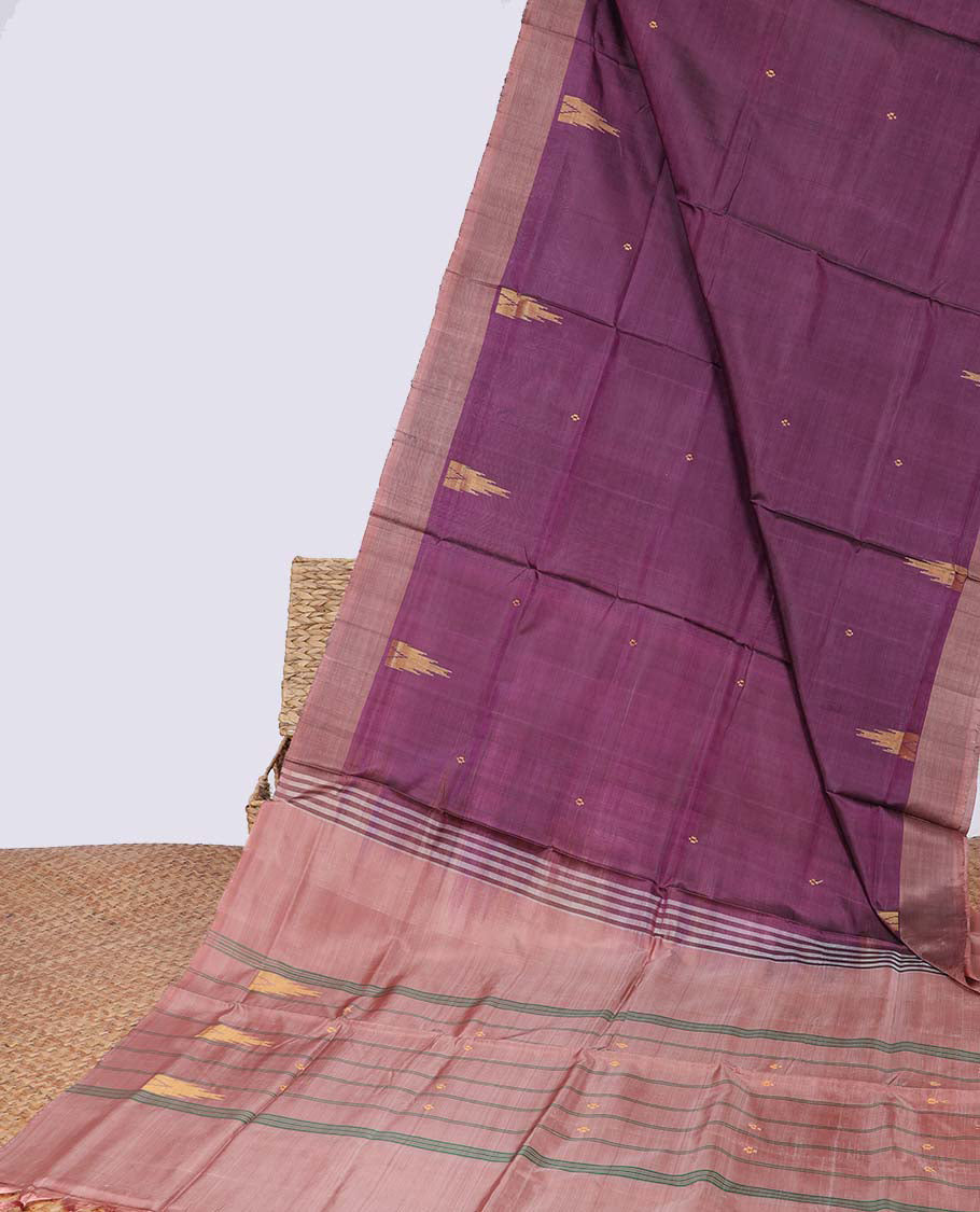 Borderless pink banana pith saree with all-over temple buttas, contrast pallu of stripes