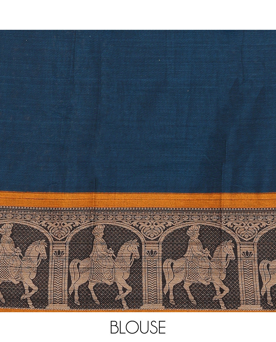 Peacock blue cotton half-saree, plain with contrast man on the horse motifs bordered skirt, matching blouse, and contrast dhavani