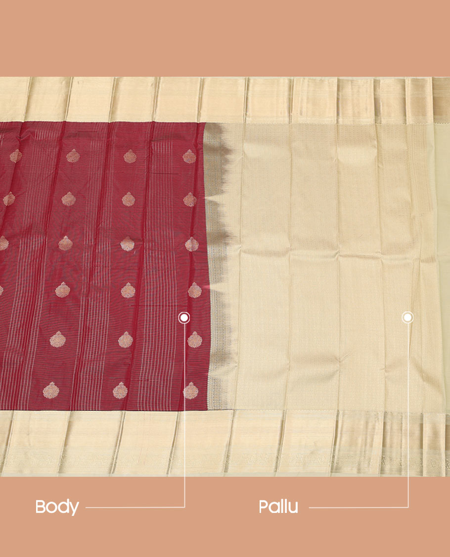 Maroon Budget Silk Saree Detailed with Zari Buttas and stripes, Complemented by a Contrast Traditional Zari Border, subtly decked up Pallu, and Paired with a Contrast Blouse