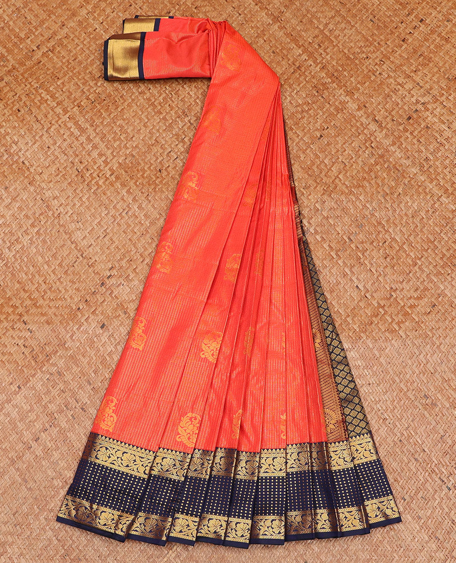Orange Budget Silk Saree Woven with Zari Buttas and Zari Micro-Checks, Complemented with a Contrast Traditional Zari Design Border, Zari -Rich Jaal Pallu, and Paired with a Contrast Blouse