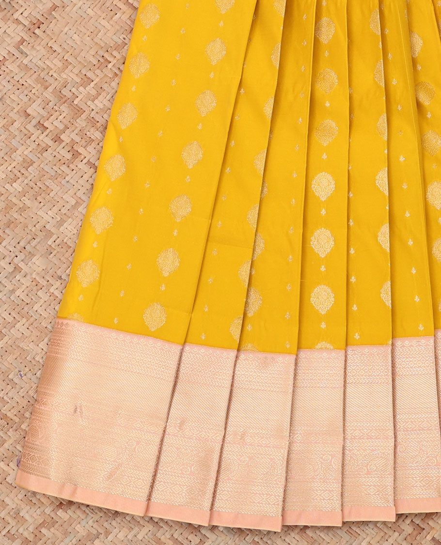 Yellow Budget Silk Saree, Subtly Sparkled with Zari Buttas, a Contrast Traditional Zari Border, Sparsely Woven Pallu, and a Contrast Blouse