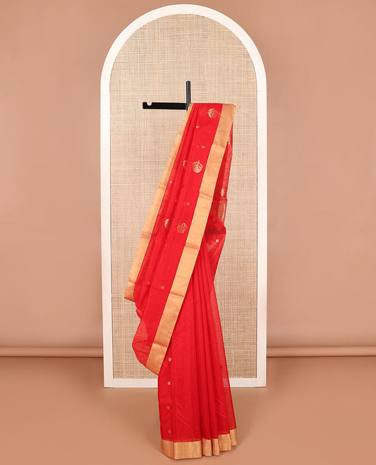 Red  leaf design chanderi cotton saree with contrast zari border & striped pallu