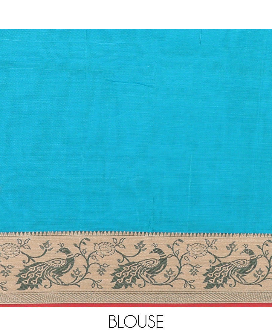 Blue plain Narayanapet cotton saree, contrast temple border of peacock motifs, and striped pallu