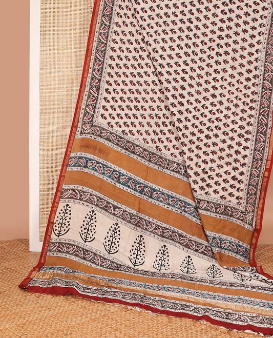 Sandal floral printed mul mul cotton saree, contrast zari border, and pallu of floral print