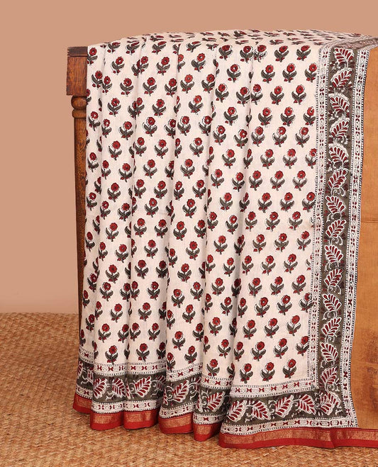 Sandal floral printed mul mul cotton saree, contrast zari border, and pallu of floral print