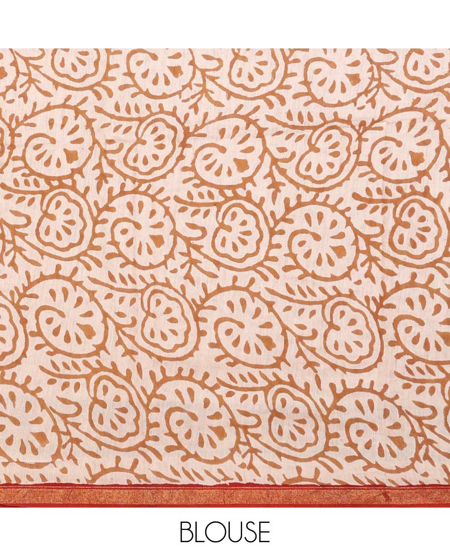 Sandal floral printed mul mul cotton saree, contrast zari border, and pallu of floral print