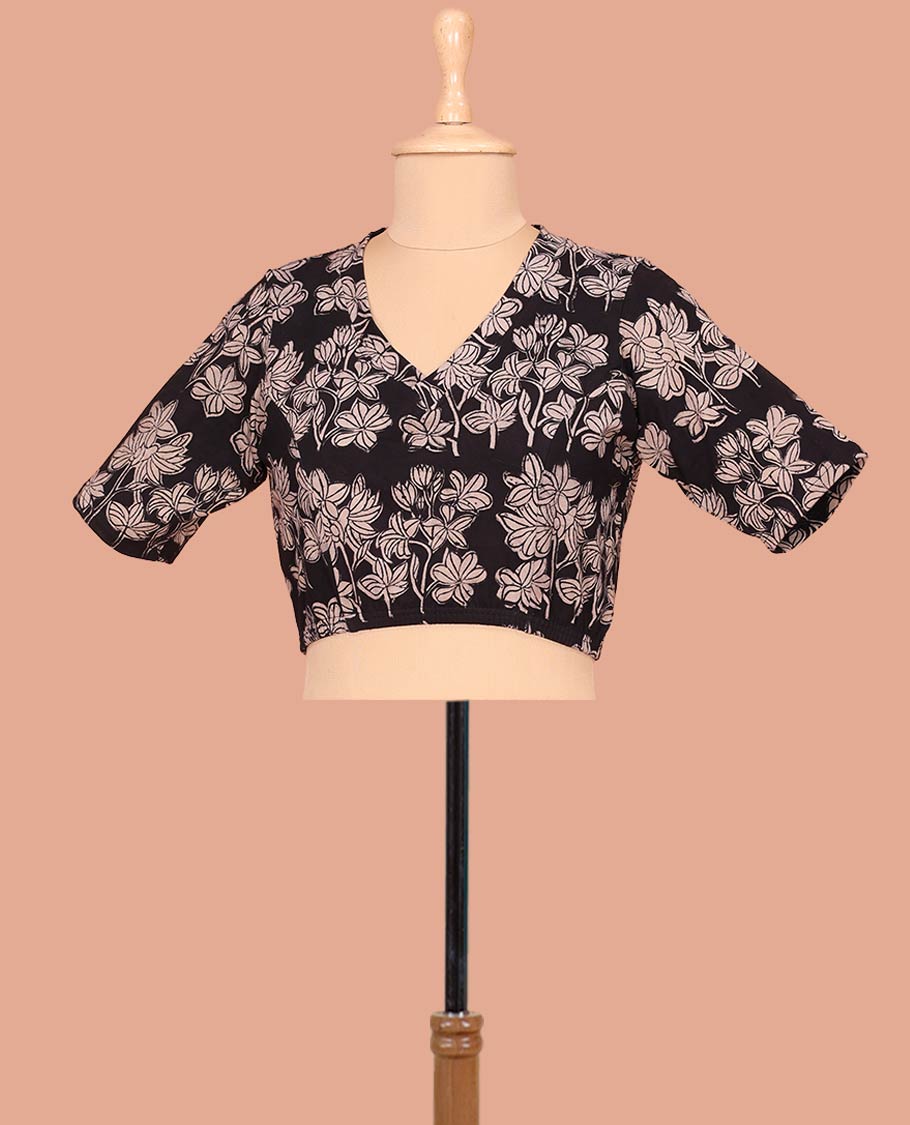 Black Cotton Readymade Blouse Subtly Sparked with All-Over Floral Print, Featuring a Front Leaf-Neck, a Closed Back Neck, and Elbow Sleeves