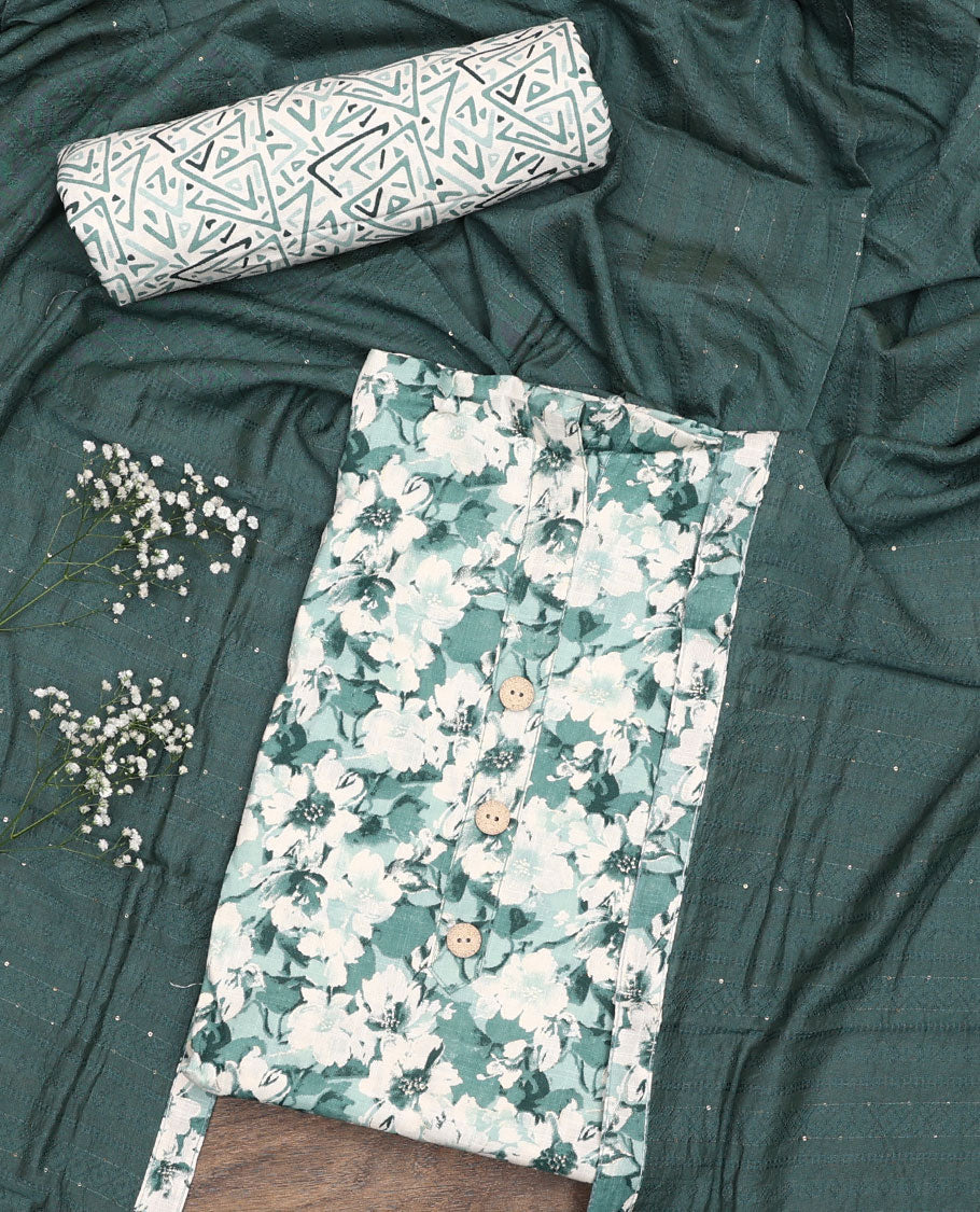White and green material chudidar set, floral printed with button work top, printed bottom, and sequins striped dupatta