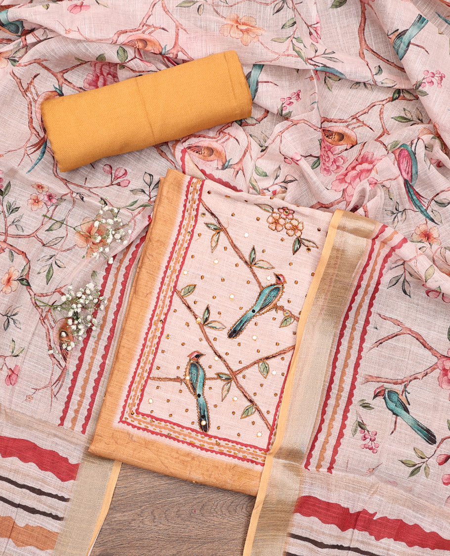 Yellow Material Chudidar Set, Artfully Detailed with Mirror Work and Floral-Bird Print and Embroidered Neck Work Lilan Cotton Top, a Plain Rayon Bottom, and Paired with a Contrast Floral-Bird-Printed Lilan Cotton Dupatta