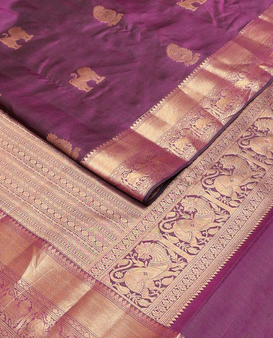 Purple manga & singam buttas Vasundhara silk mix saree, zari border of thilakam mokku,muthu,kuyil kann,diamond & singam designs & geometric patterned pallu