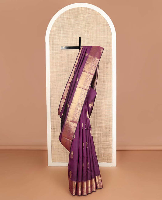 Purple manga & singam buttas Vasundhara silk mix saree, zari border of thilakam mokku,muthu,kuyil kann,diamond & singam designs & geometric patterned pallu