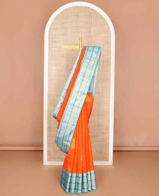 Orange zari buttas Vasundhara silk mix saree, contrast traditional zari border & vanki pallu