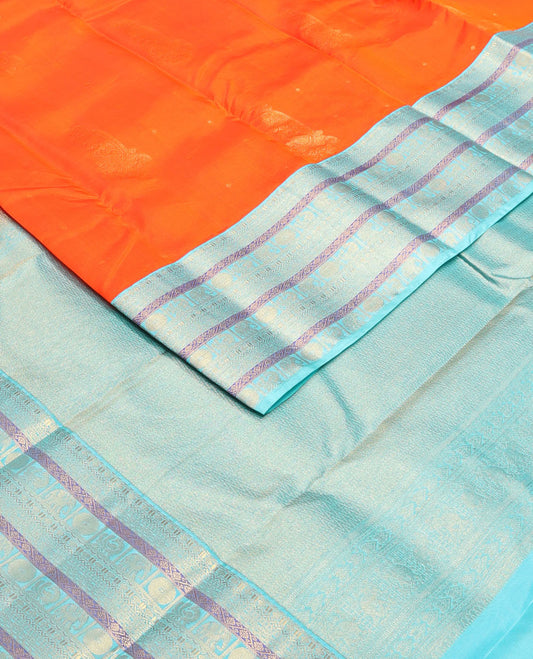 Orange zari buttas Vasundhara silk mix saree, contrast traditional zari border & vanki pallu