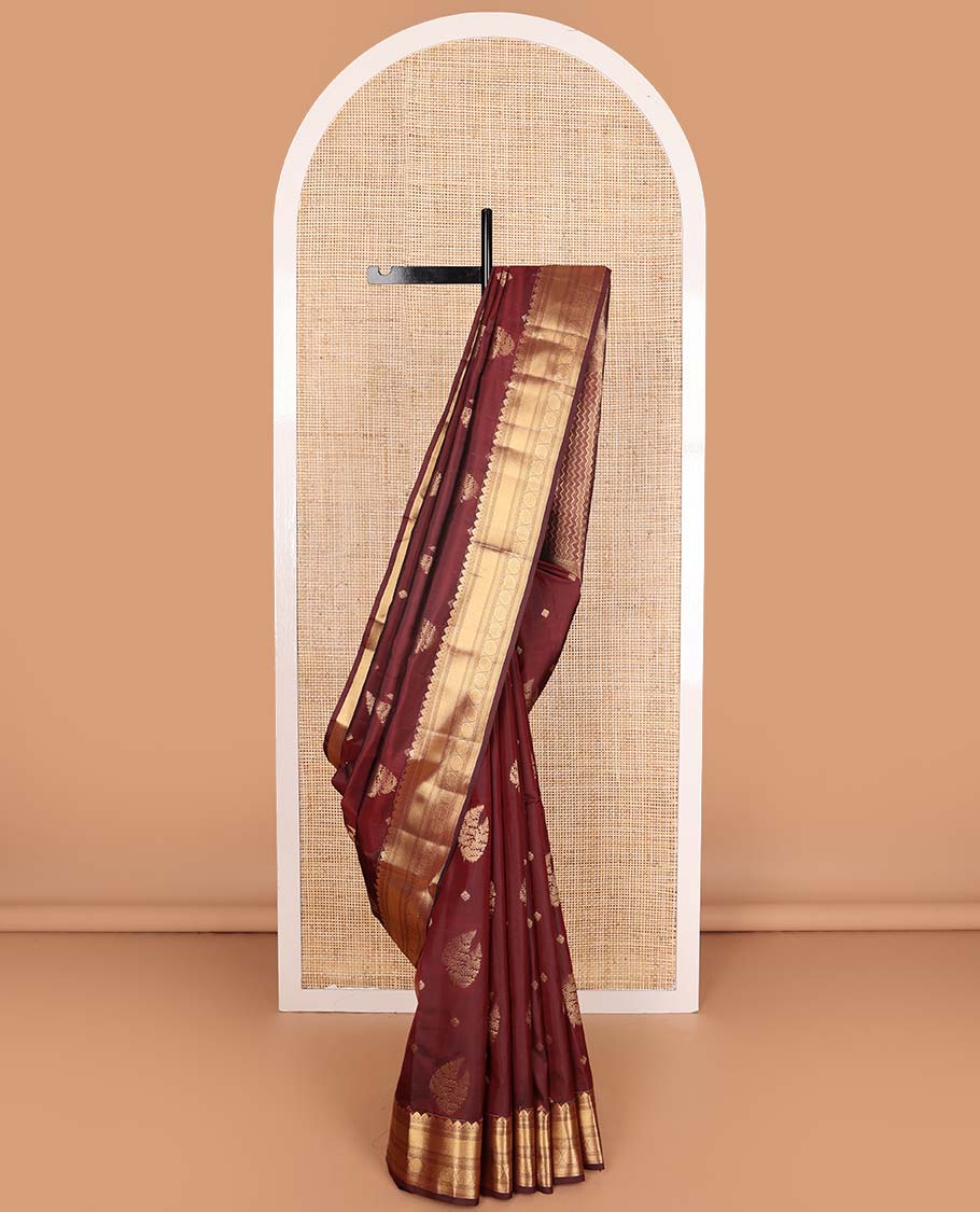 Maroon zari buttas Vasundhara silk mix saree, traditional zari design border, and vanki design pallu
