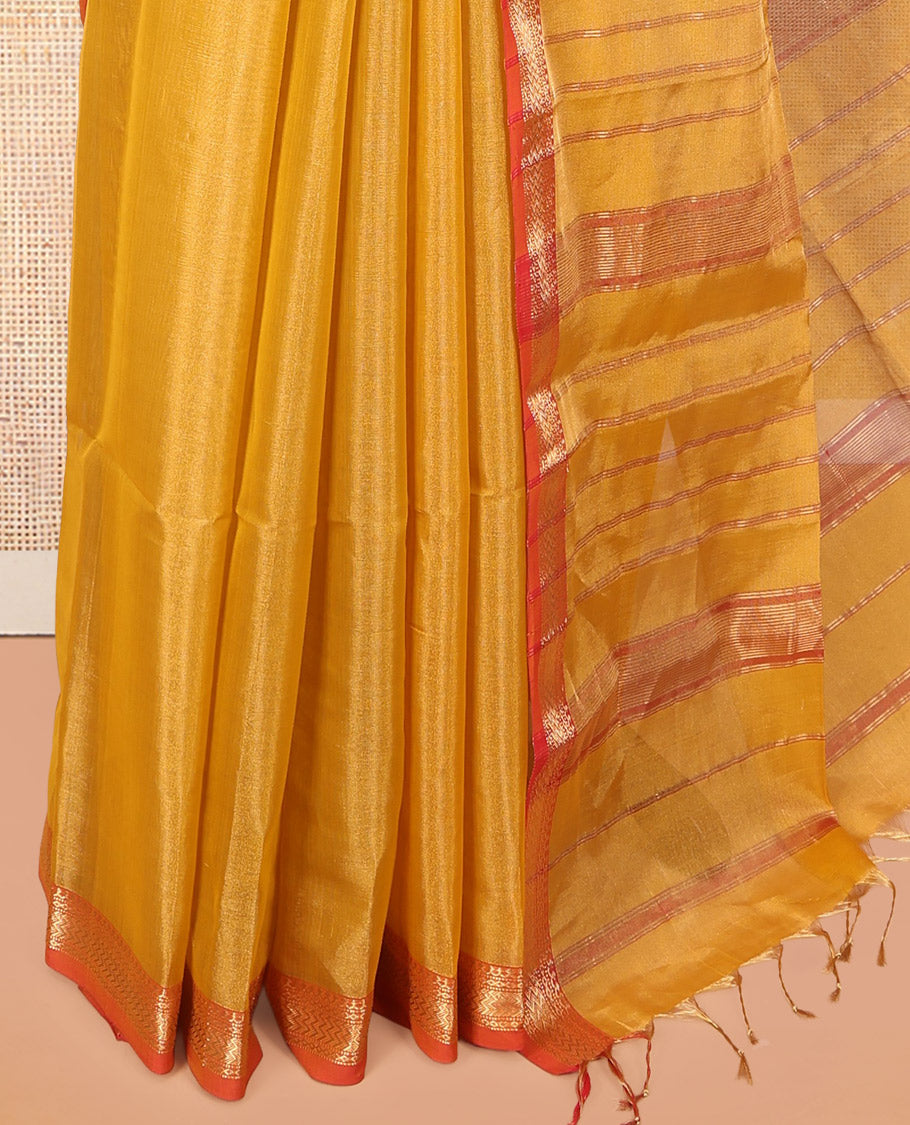 Gold Plain Maheshwari Cotton Saree, a Contrast Traditional Zari Border, Pallu of Zari Stripes, and a Matching Blouse