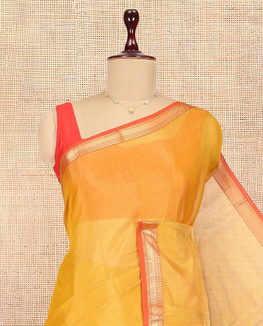 Gold Plain Maheshwari Cotton Saree, a Contrast Traditional Zari Border, Pallu of Zari Stripes, and a Matching Blouse