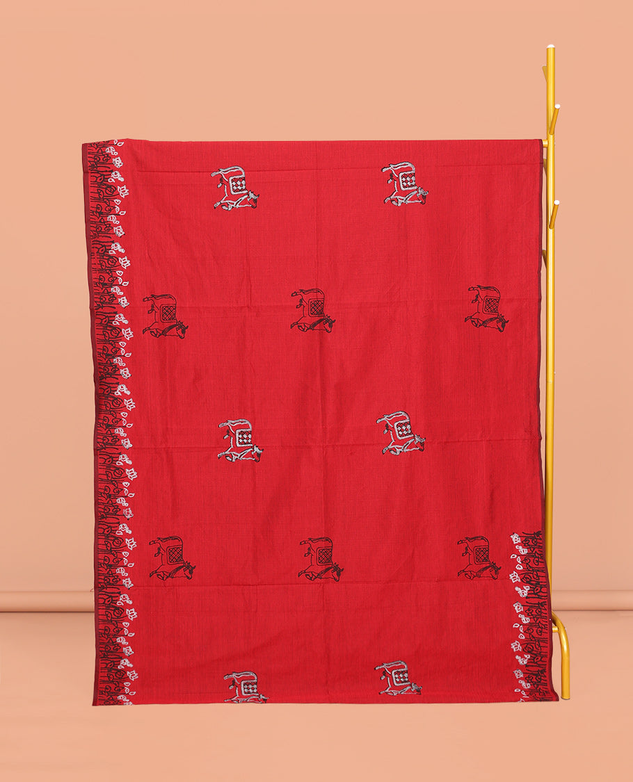 Red Poly Cotton Saree, Ornamented with Pichwai Cow and Floral Print, a Self-Pallu, and a Contrast Warli Print Blouse