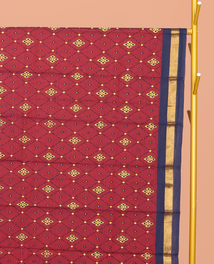 Red Chirala Cotton Saree, Accentuated with an Argyle Design, a Contrast Zari Border, Contrast Peacock Pallu, and a Contrast Blouse