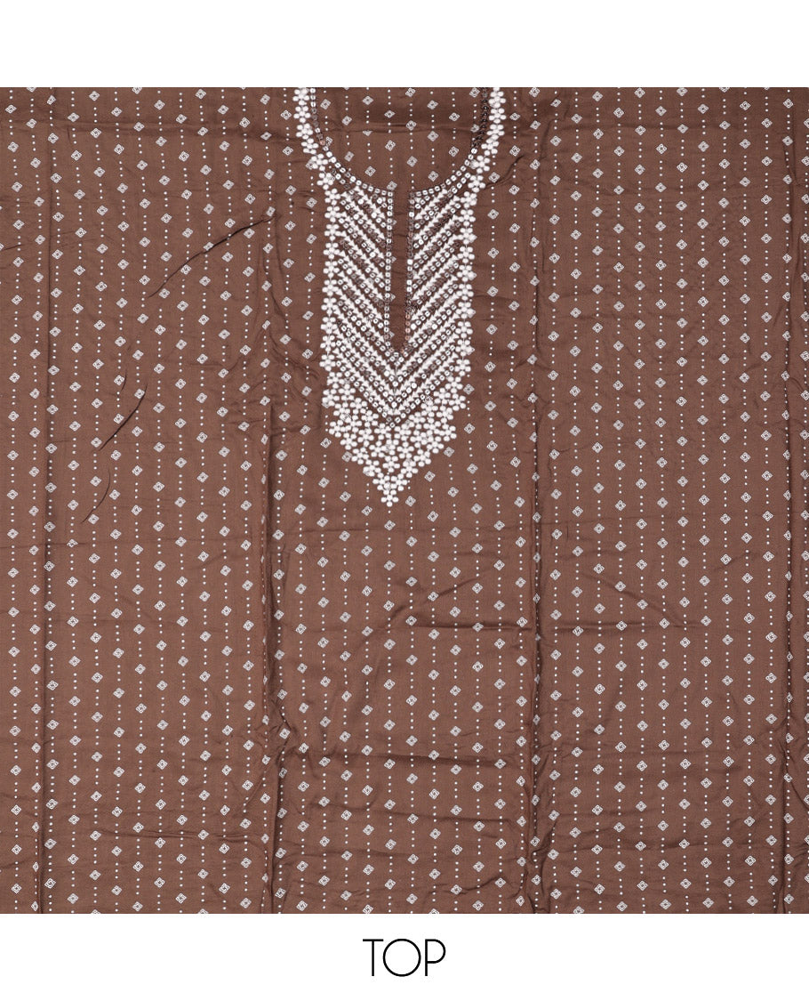 Brown Material Chudidar Set, Adorned with Geometric Print and Neck Embroidery on Rayon Top, a Contrast Polka Dot Printed Bottom, and Paired with Embroidered Chiffon Dupatta