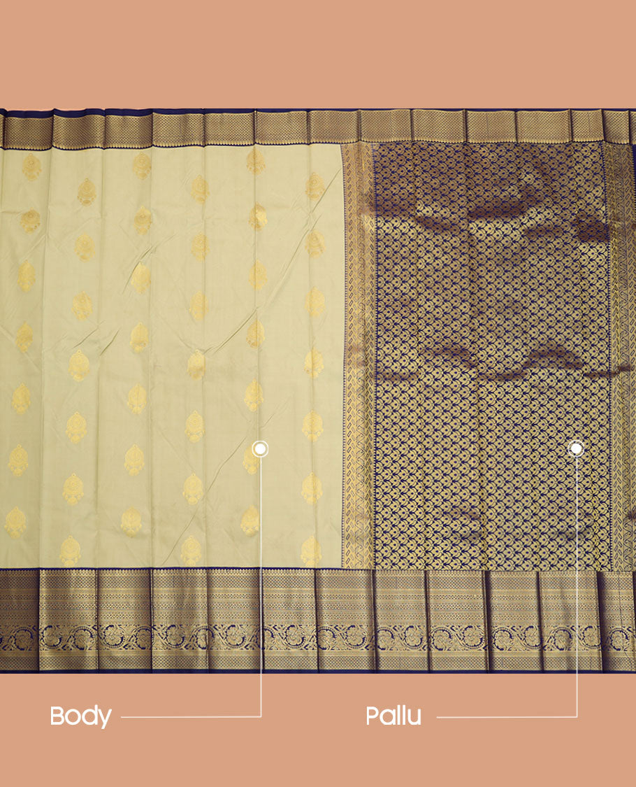 Grey Budget Silk Saree, Subtly Sparkled with Buttas All Over Its Body, Complemented by a Contrast Traditional Zari Design Border, Intricately Designed Pallu, and Paired with a Contrast Blouse
