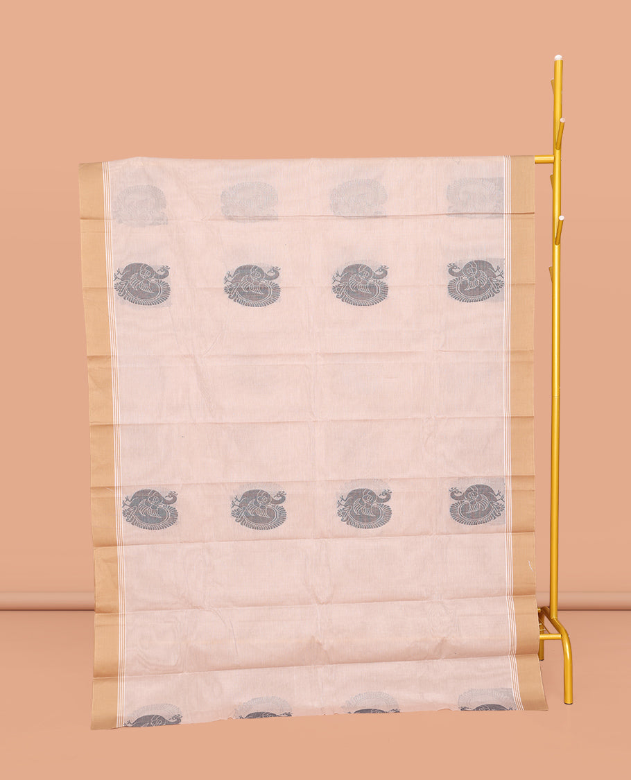 White Kanchi Cotton Saree, Prettified with Peacock Buttas All Over Its Body, Complemented by a Contrast Border, Pallu of Stripes and Buttas, and Paired with a Matching Blouse