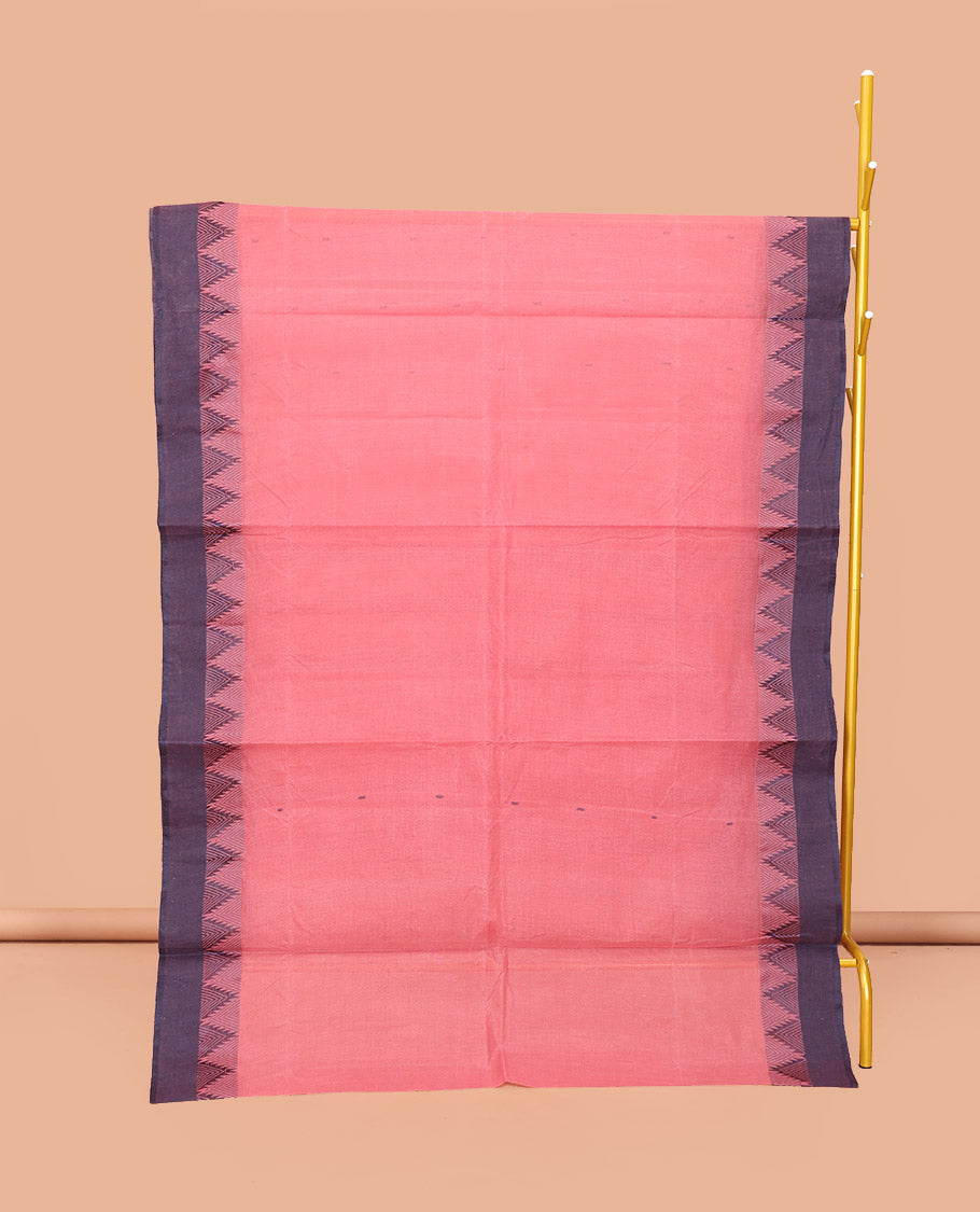 Pink Bengal Cotton Saree, Subtly Woven with Buttas, Contrast Temple Border, Pallu of Stripes, and Matching Blouse
