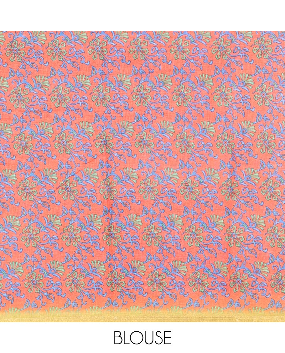 Parrot green shibori printed linen cotton saree, piping border, contrast floral printed pallu, and a contrast floral printed blouse