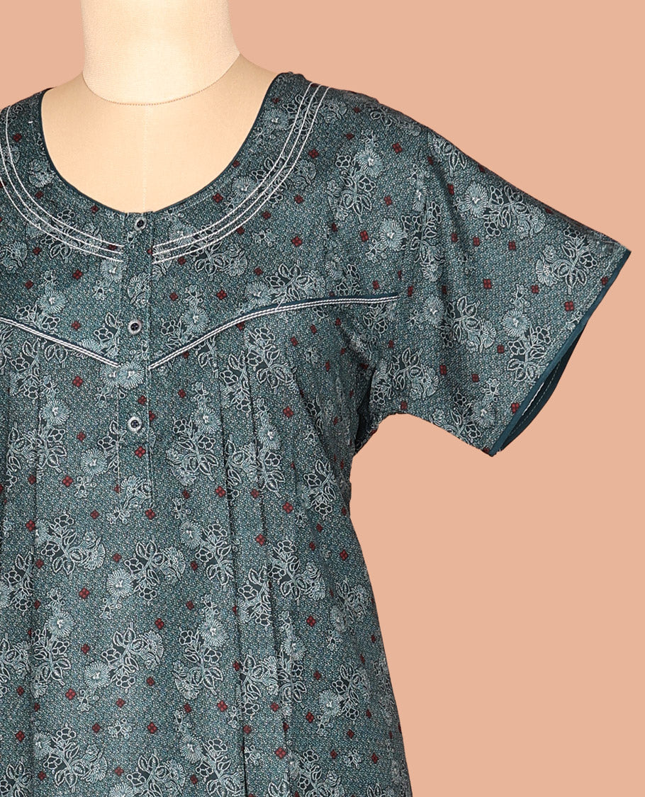 Blue Round Neck Cotton-Blended Nighty
