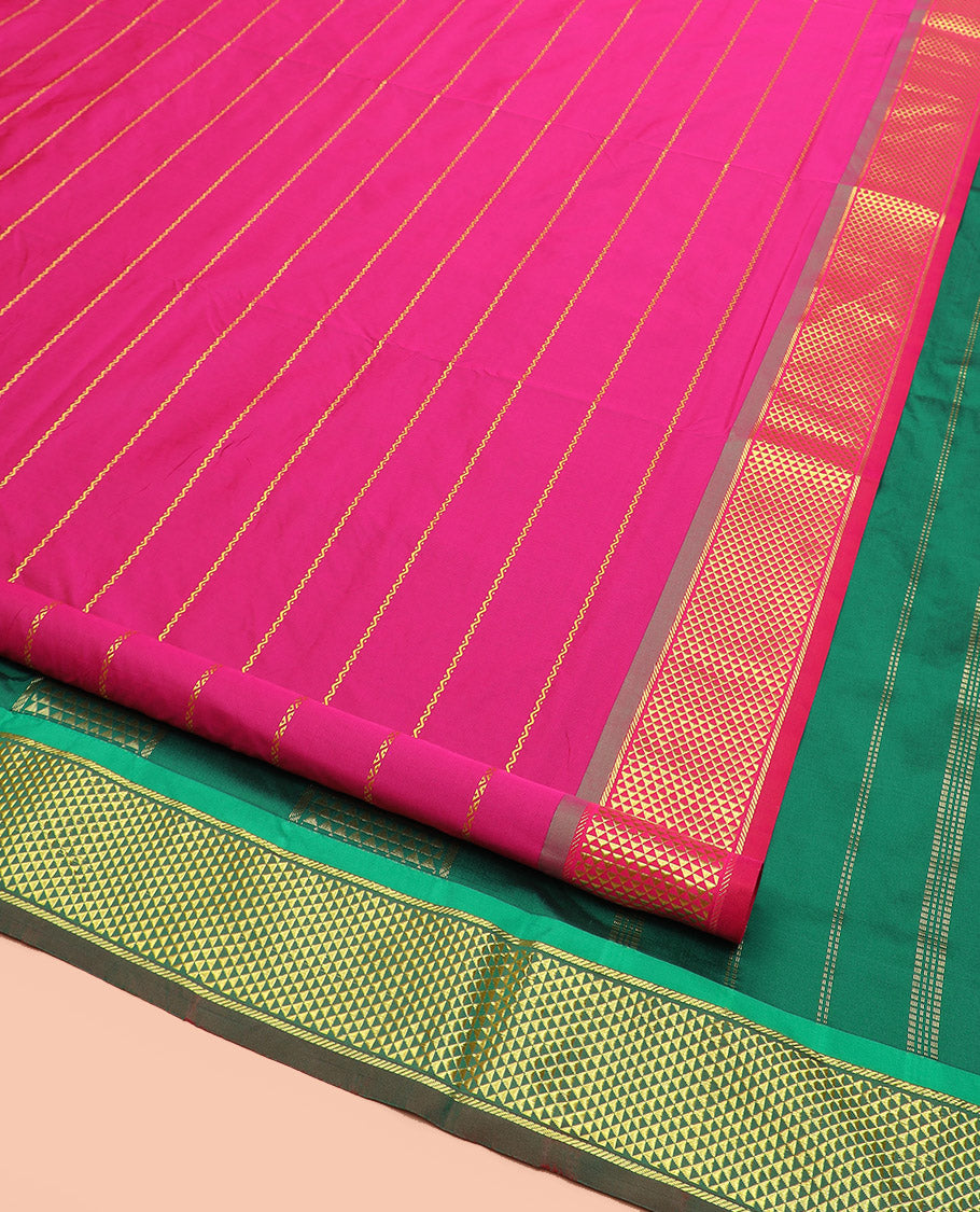 Pink Ten-Yard Art Silk Saree Decked Up with Neli Stripes on Its Body, Complemented by a Contrast Traditional Ara Maadam Border, and Pallu Elevated with Traditional Ara Maadam Designs