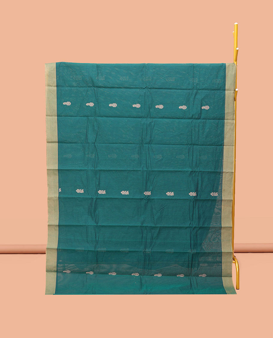 Green Kanchi Cotton Saree, Adorned with Buttas, Complemented by a Contrast Border, Paisley-Floral Pallu, and a Matching Blouse