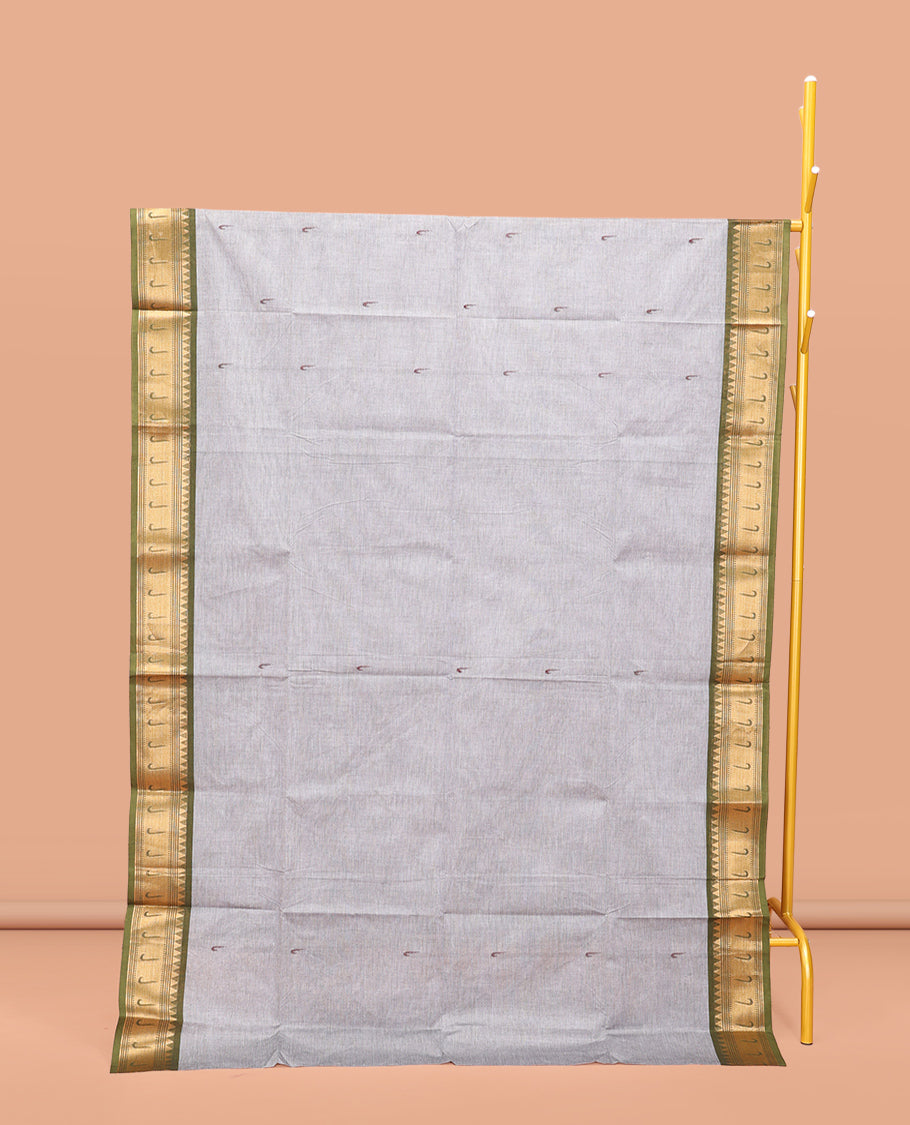 Grey Chettinad Cotton Saree, Steeped with Muniya Buttas On Its Body, Complemented by a Contrast Traditional Muniya Border, Pallu of Stripes, and Paired with a Matching Blouse