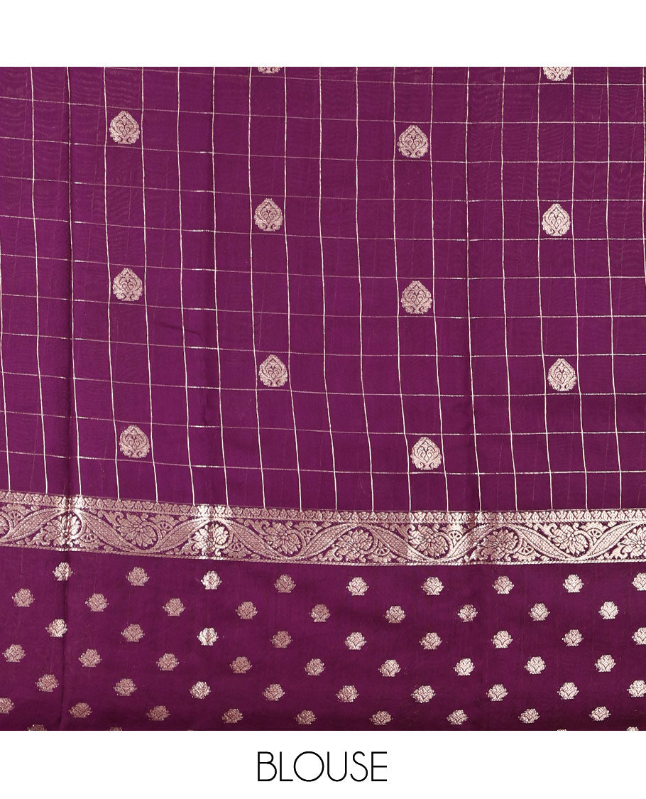 Pink Assam Silk Saree, Embellished with Zari Butta Enclosed Checks, Complemented by a Contrast Zari Butta Woven Border, Zari-Striped Pallu, and a Contrast Blouse