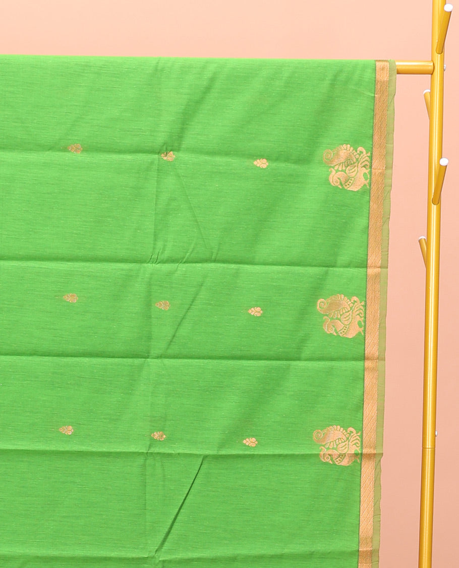 Parrot Green Semi-Silk Cotton Saree, Elegantly Framed with Zari Buttas All Over Its Body, a Subtle Zari Piping Border, Complemented by Contrast Pallu of Peacock Butta Enclosed Checked Design, and Paired with a Contrast Blouse