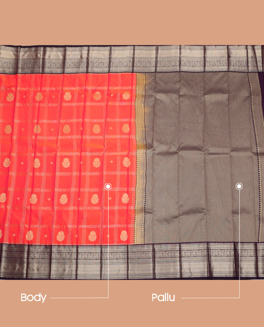 Orange Budget Silk Saree, Crafted with Zari Buttas, Complemented by a Contrast Traditional Zari Border, Grand Pallu, and Contrast Blouse