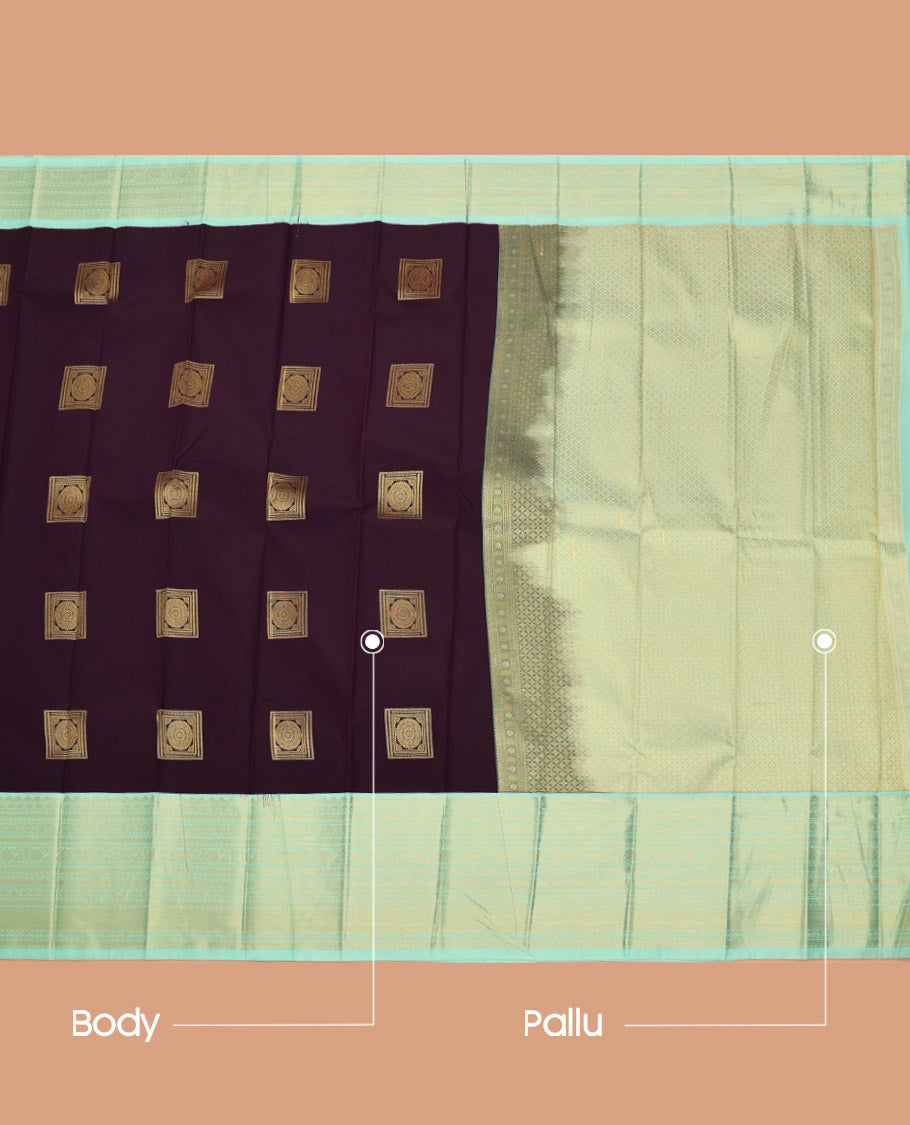 Brown Budget Silk Saree, Prettified with Square-Shaped Zari Buttas All Over Its Body, Complemented by a Contrast Traditional Zari Design Border, Gleaming Jaal Pallu, and Paired with a Contrast Blouse