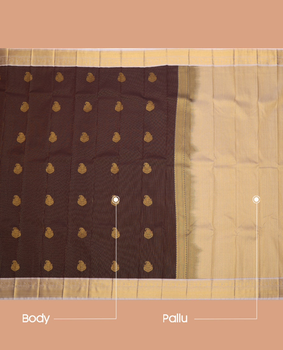 Brown Budget Silk Saree, Opulently Embellished with Buttas and Stripes, Complemented by a Contrast Traditional Zari Border, Grand Pallu, and a Contrast Blouse