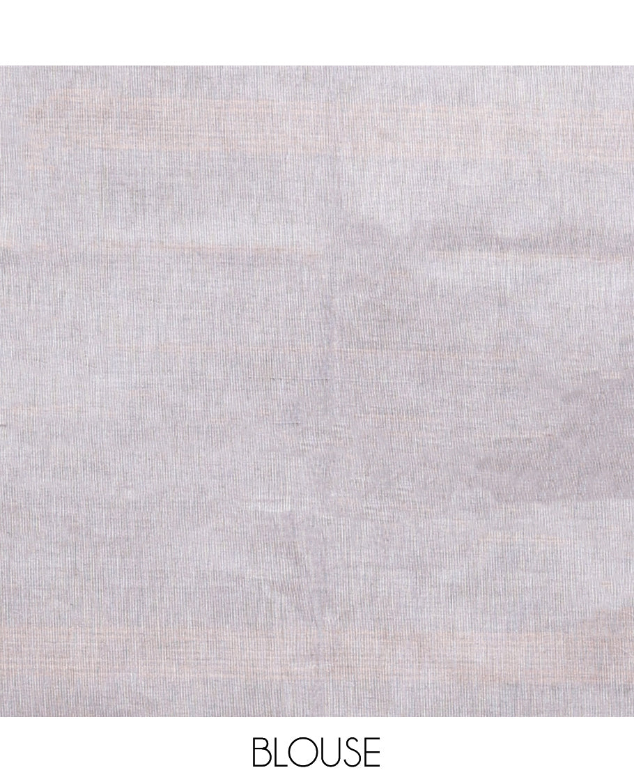Grey Chettinad Cotton Saree, Steeped with Muniya Buttas On Its Body, Complemented by a Contrast Traditional Muniya Border, Pallu of Stripes, and Paired with a Matching Blouse