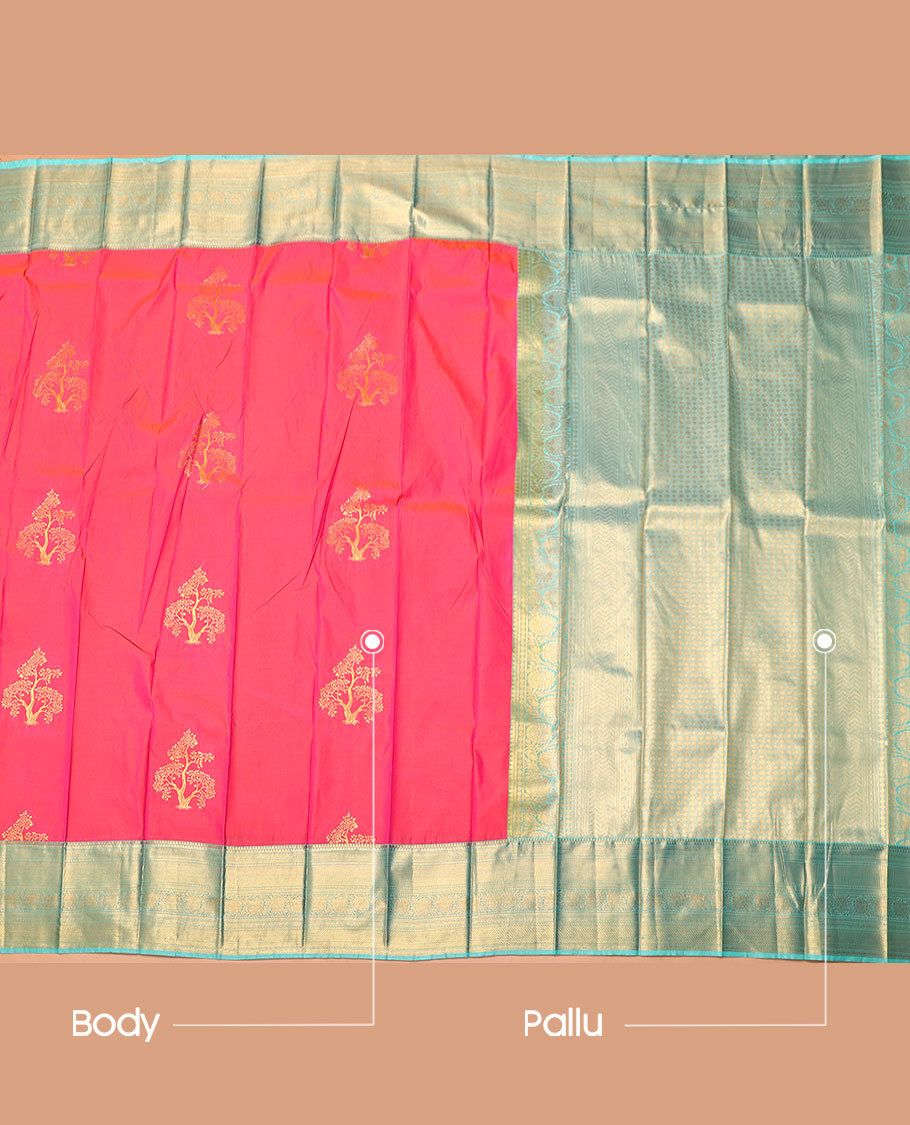 Pink Budget Silk Saree, Accentuated with Tree Zari Buttas, Complemented by Contrast Traditional Zari Border, an Intricate Pallu and a Contrast Blouse