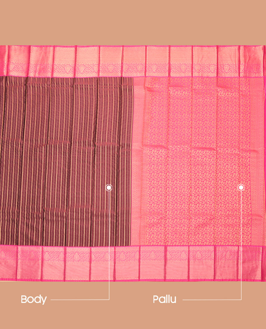 Brown Budget Silk Saree, Accentuated with Zari Stripes, Complemented by a Contrast Traditional Zari Border, Grand Pallu, and a Contrast Blouse