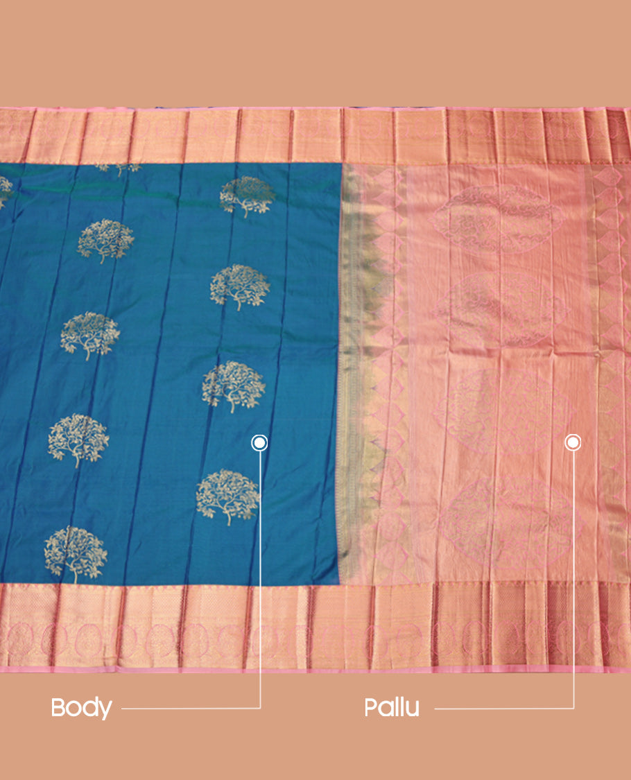 Blue Budget Silk Saree, Artfully Woven with Tree Motifs, Complemented by Contrast Traditional Zari Border, Grand Pallu and Contrast Blouse