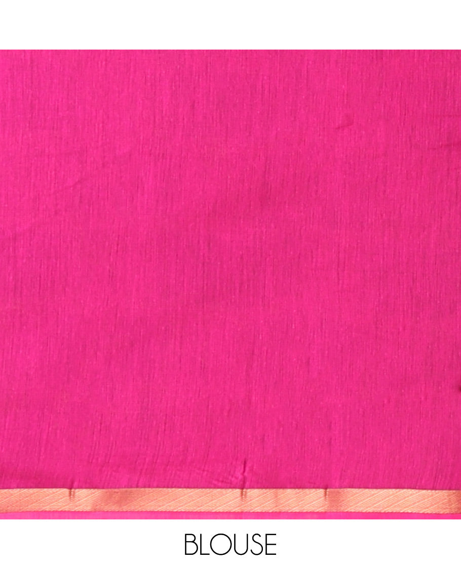 Parrot Green Semi-Silk Cotton Saree, Elegantly Framed with Zari Buttas All Over Its Body, a Subtle Zari Piping Border, Complemented by Contrast Pallu of Peacock Butta Enclosed Checked Design, and Paired with a Contrast Blouse