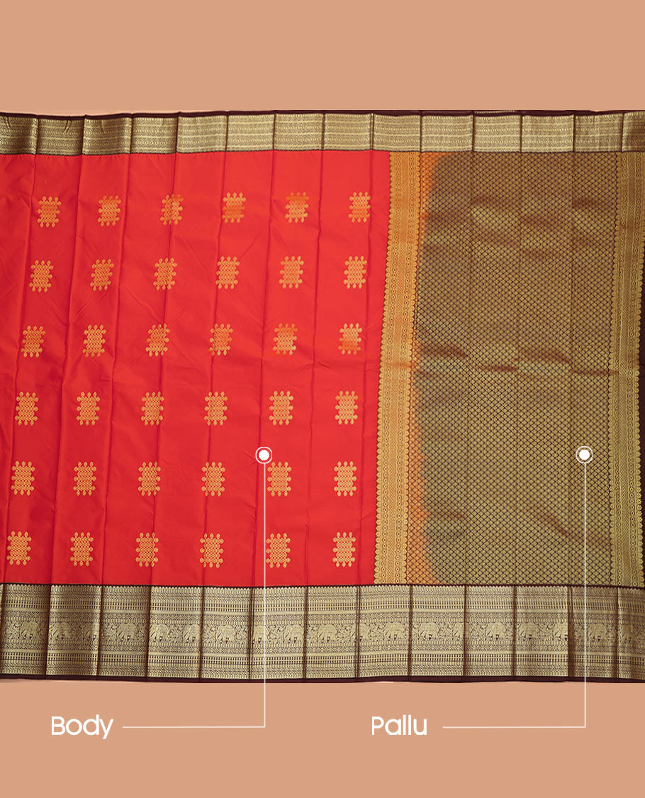 Red Budget Silk Saree, Embellished with Kolam Buttas on Its Body, Complemented by Contrast Traditional Zari Design Border, Grand Jaal Pallu, and Paired with a Contrast Blouse