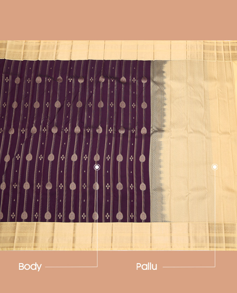 Purple Budget Silk Saree, Bedecked with Zari Designs, Complemented by a Contrast Traditional Zari Border, Grand Pallu, and a Contrast Blouse