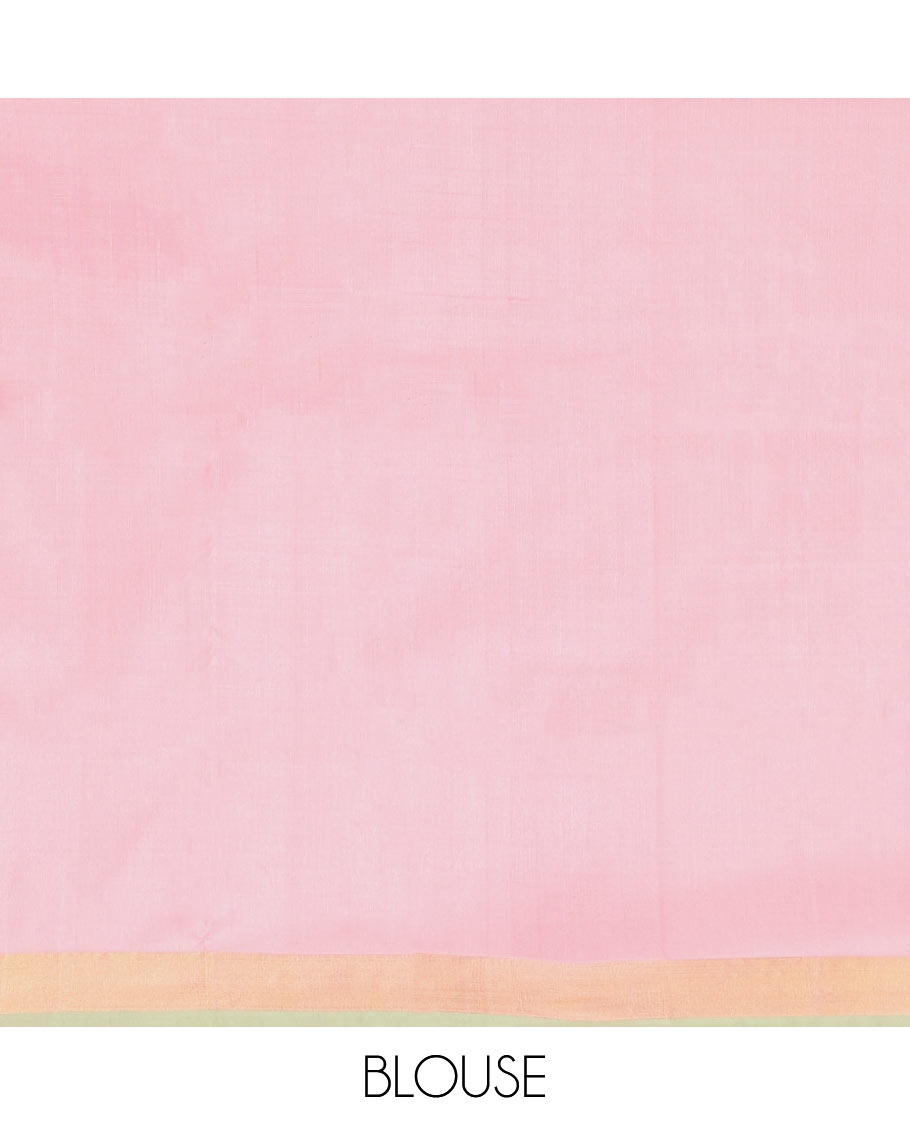 Pink Uppada Silk Saree, Adorned with Buttas All Over Its Body, Complemented by a Contrast Bavanji Border, Pallu of Unique Designs, and Paired with a Matching Blouse