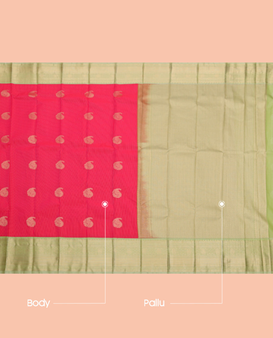 Pink Budget Silk Saree Featuring Zari Buttas, Complemented by a Contrast Traditional Zari Rettai Pettu Border, Sparsely Woven Pallu, and Contrast Blouse