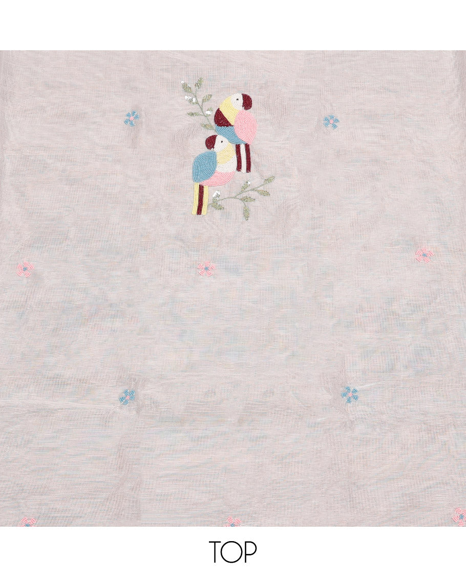 White Cotton Material Churidar Set, Decorated with Macaw Bird Sugar Bead-Embroidered Top, Matching Bottom, and Sugar Bead-Embroidered Kota Dupatta
