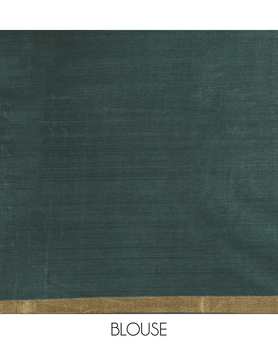 Green Tussar Saree, Mesmerized with Buttas, a Subtle Zari Border, Pallu of Intricate Designs, and a Matching Blouse