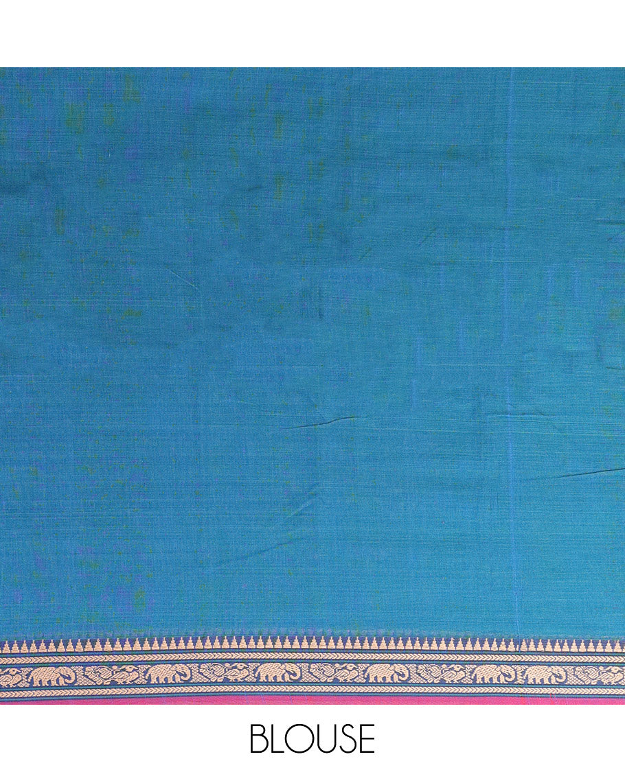 Blue Plain Narayanpet Cotton Saree, Complemented by a Contrast Temple Thread Woven Border of Elephant and Peacock Designs, Subtly Striped Pallu, and Paired with a Matching Blouse