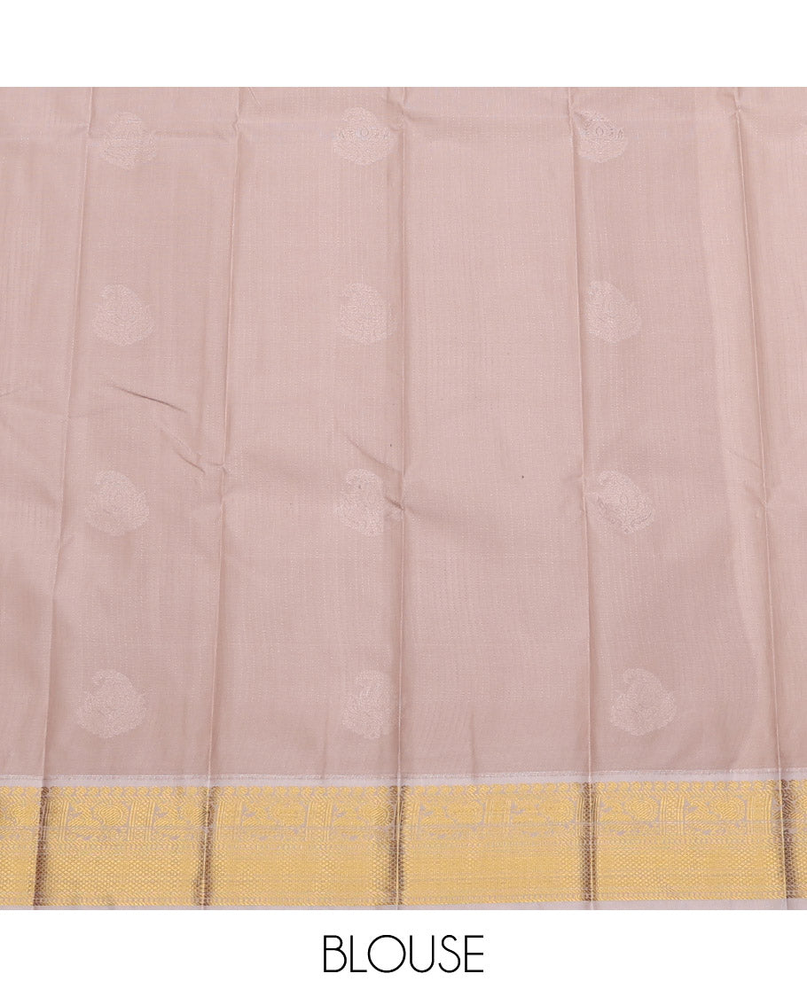 Brown Budget Silk Saree, Opulently Embellished with Buttas and Stripes, Complemented by a Contrast Traditional Zari Border, Grand Pallu, and a Contrast Blouse