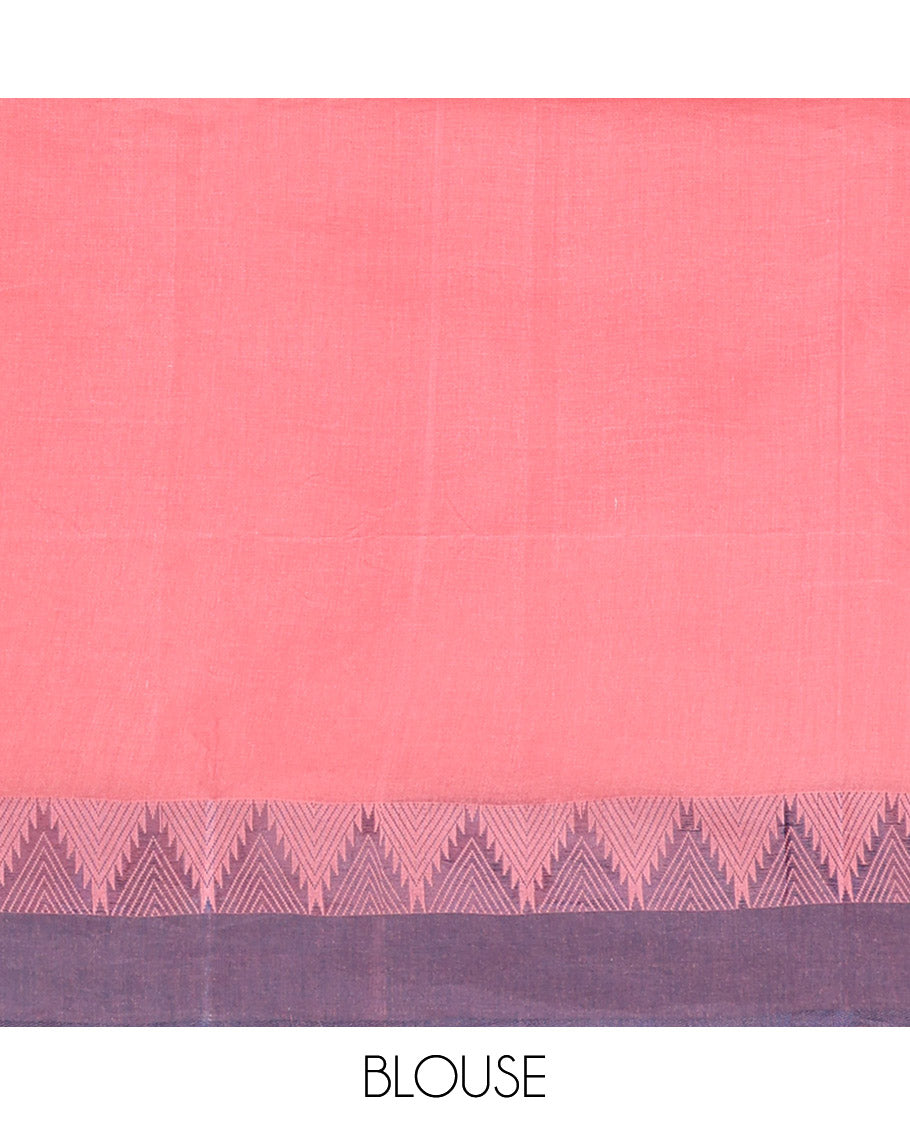 Pink Bengal Cotton Saree, Subtly Woven with Buttas, Contrast Temple Border, Pallu of Stripes, and Matching Blouse